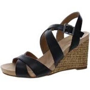 LifeStride Women's Harbor Wedge Sandals in black faux leather- new w/box size 8W